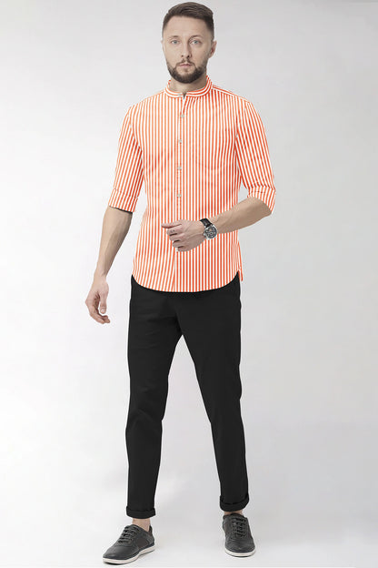 White and Celosia Orange Candy Stripes Mandarin Collar Cotton Shirt