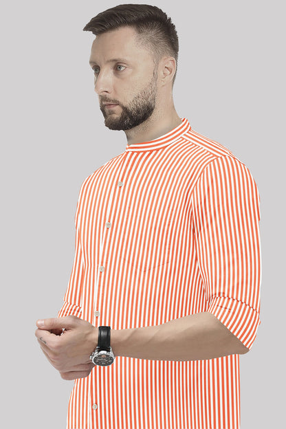 White and Celosia Orange Candy Stripes Mandarin Collar Cotton Shirt