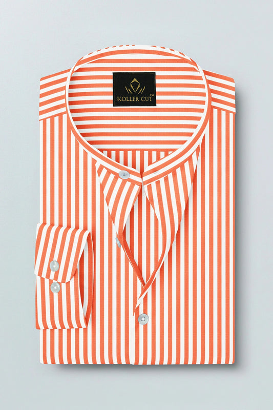 White and Celosia Orange Candy Stripes Mandarin Collar Cotton Shirt