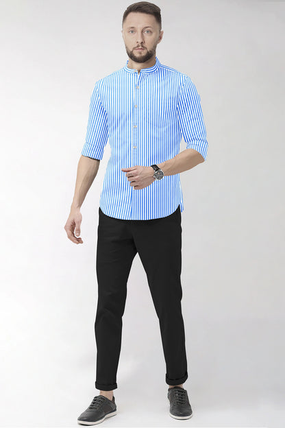 White and Stellar Blue Candy Stripes Mandarin Collar Cotton Shirt