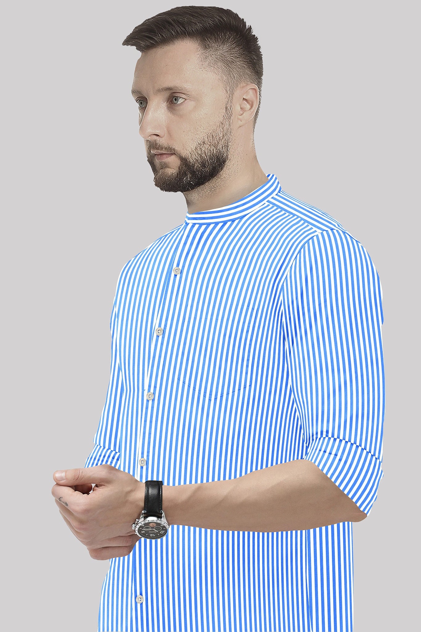White and Stellar Blue Candy Stripes Mandarin Collar Cotton Shirt