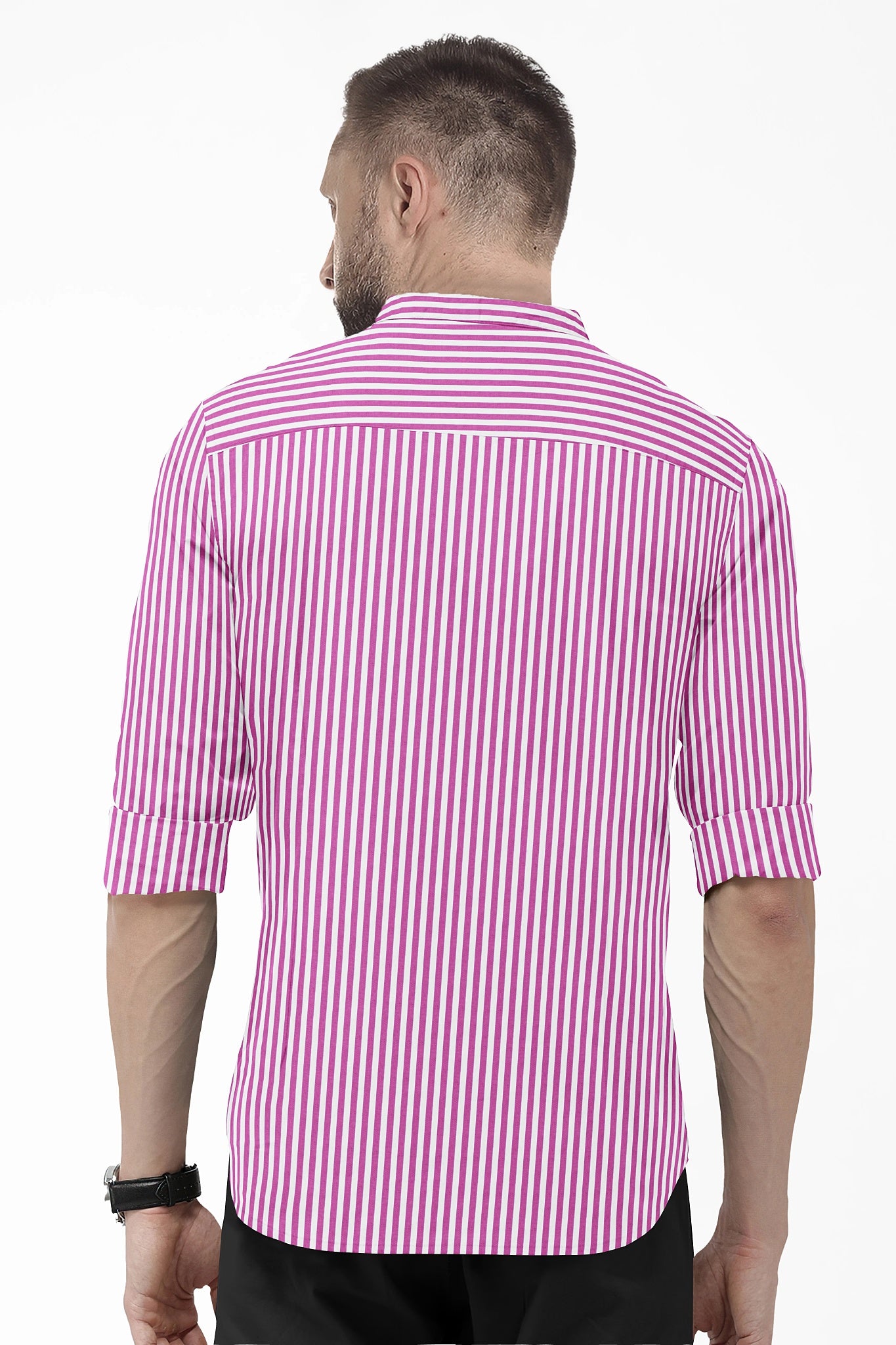 White and Tillandsia Purple Candy Stripes Mandarin Collar Cotton Shirt