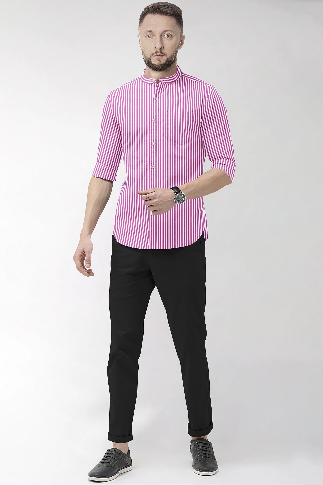 White and Tillandsia Purple Candy Stripes Mandarin Collar Cotton Shirt