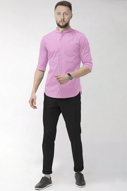 White and Tillandsia Purple Candy Stripes Mandarin Collar Cotton Shirt