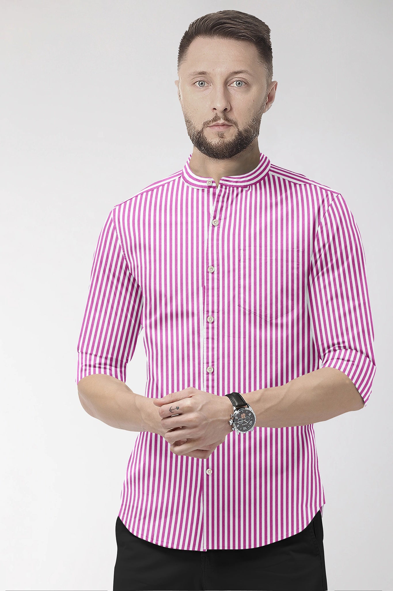 White and Tillandsia Purple Candy Stripes Mandarin Collar Cotton Shirt