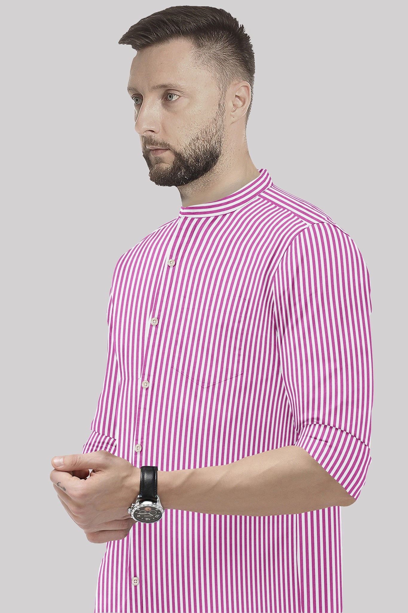 White and Tillandsia Purple Candy Stripes Mandarin Collar Cotton Shirt