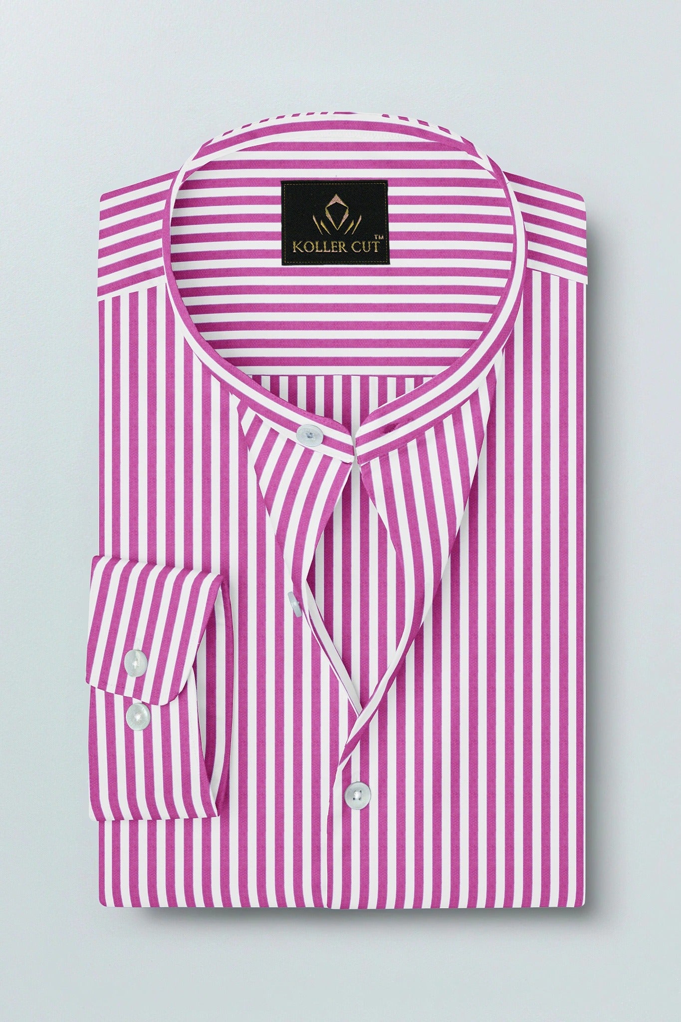 White and Tillandsia Purple Candy Stripes Mandarin Collar Cotton Shirt