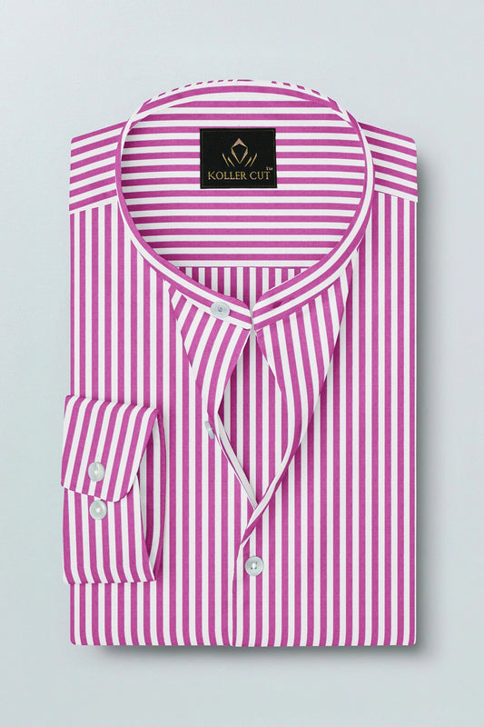 White and Tillandsia Purple Candy Stripes Mandarin Collar Cotton Shirt