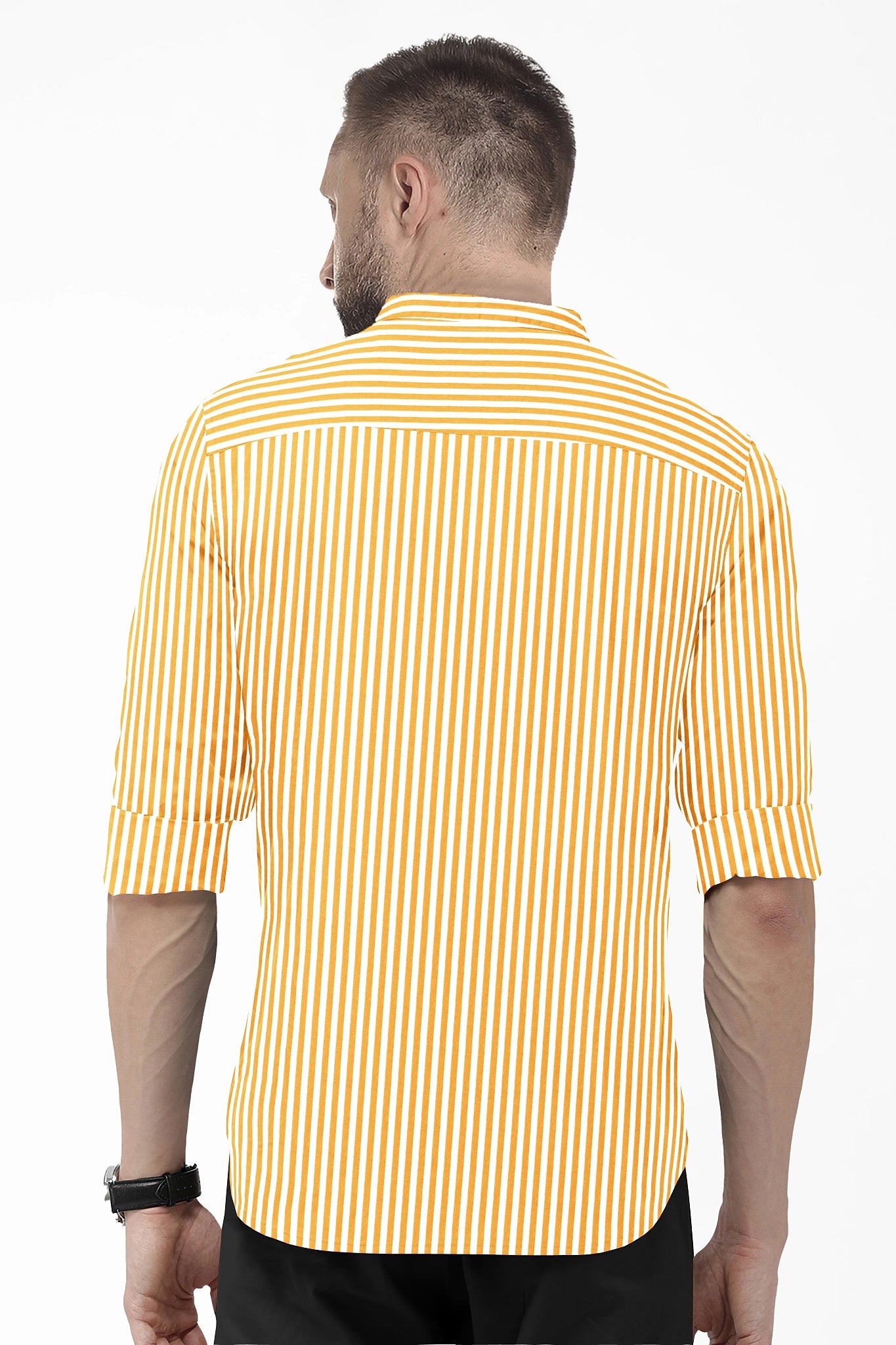 White and Mustard Yellow Candy Stripes Mandarin Collar Cotton Shirt