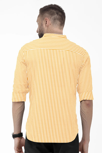 White and Mustard Yellow Candy Stripes Mandarin Collar Cotton Shirt