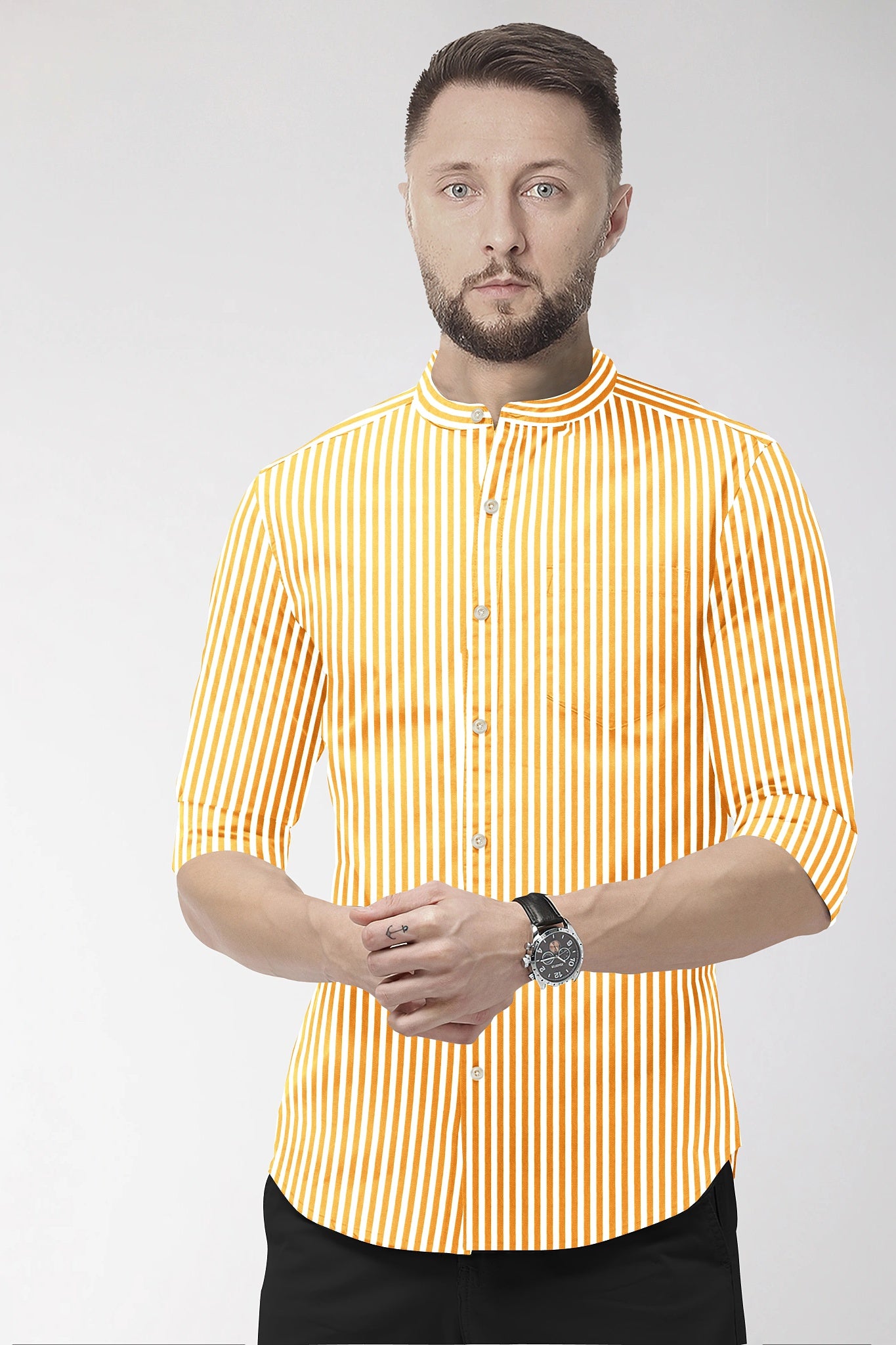 White and Mustard Yellow Candy Stripes Mandarin Collar Cotton Shirt
