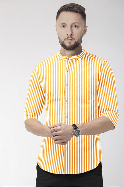 White and Mustard Yellow Candy Stripes Mandarin Collar Cotton Shirt