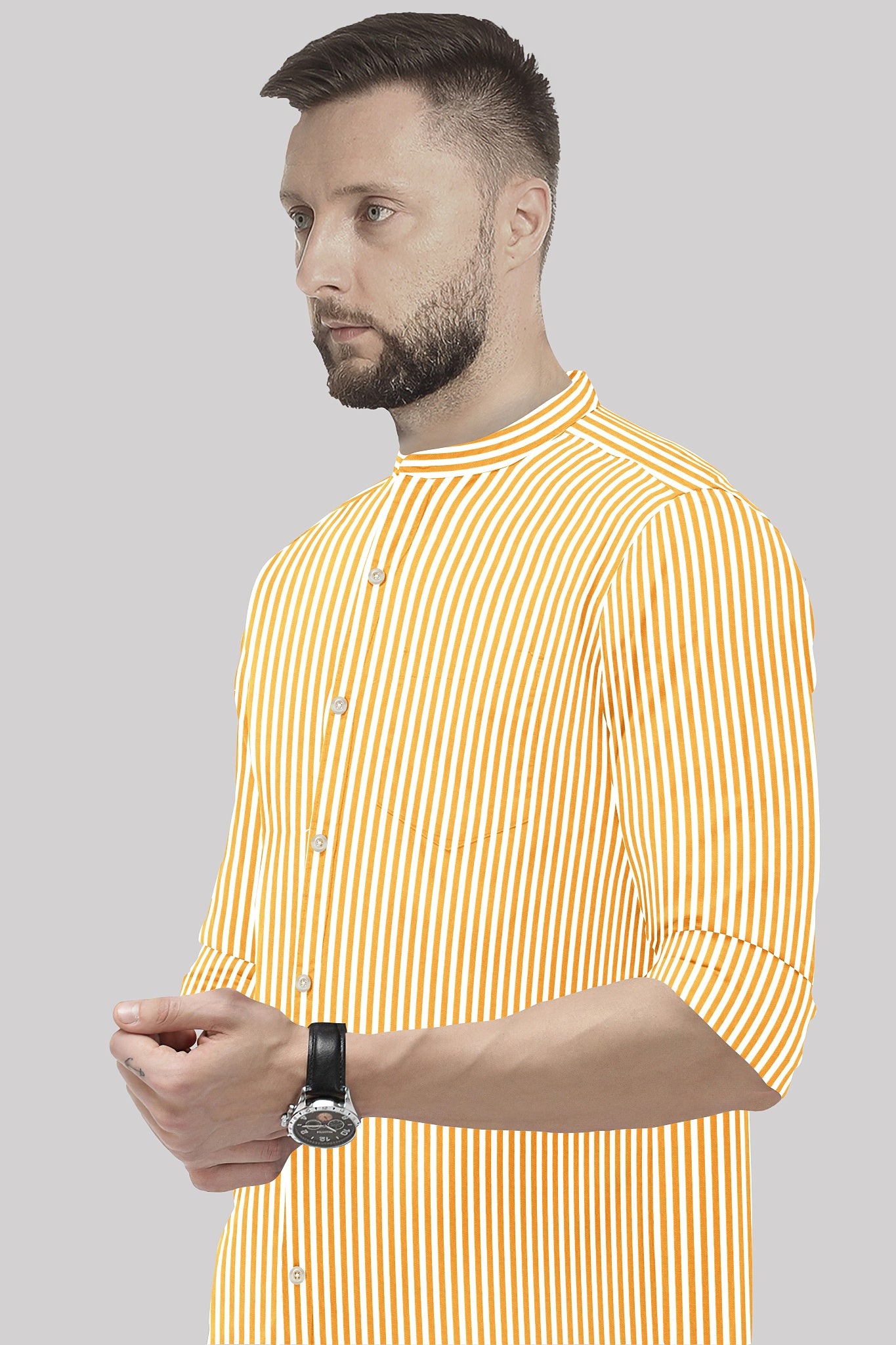 White and Mustard Yellow Candy Stripes Mandarin Collar Cotton Shirt