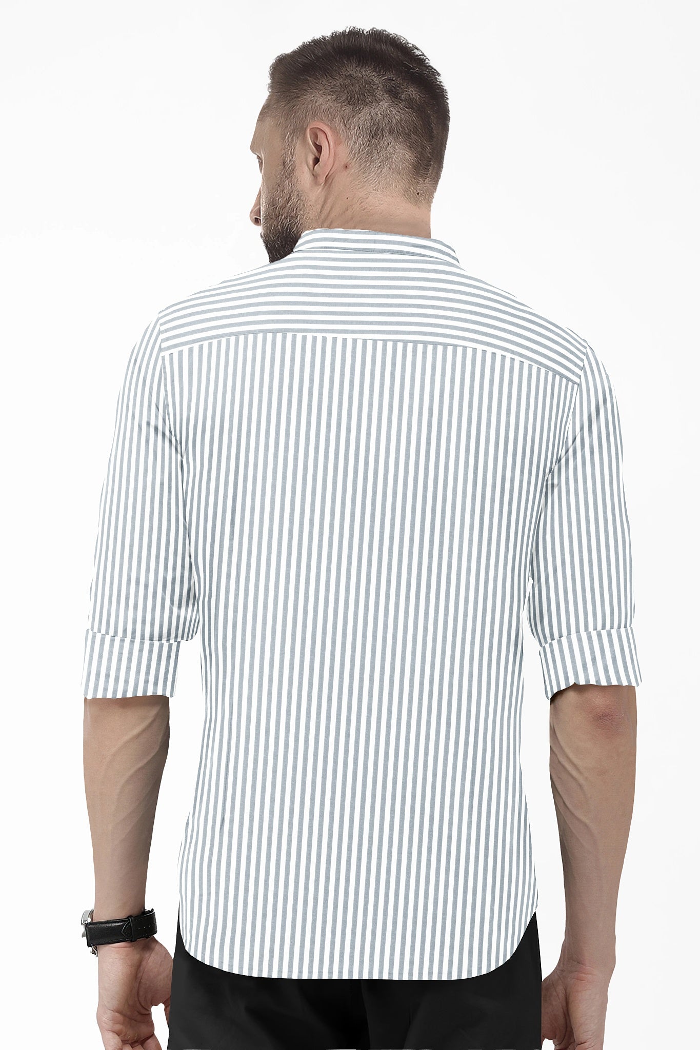 White and Silver Gray Candy Stripes Mandarin Collar Cotton Shirt