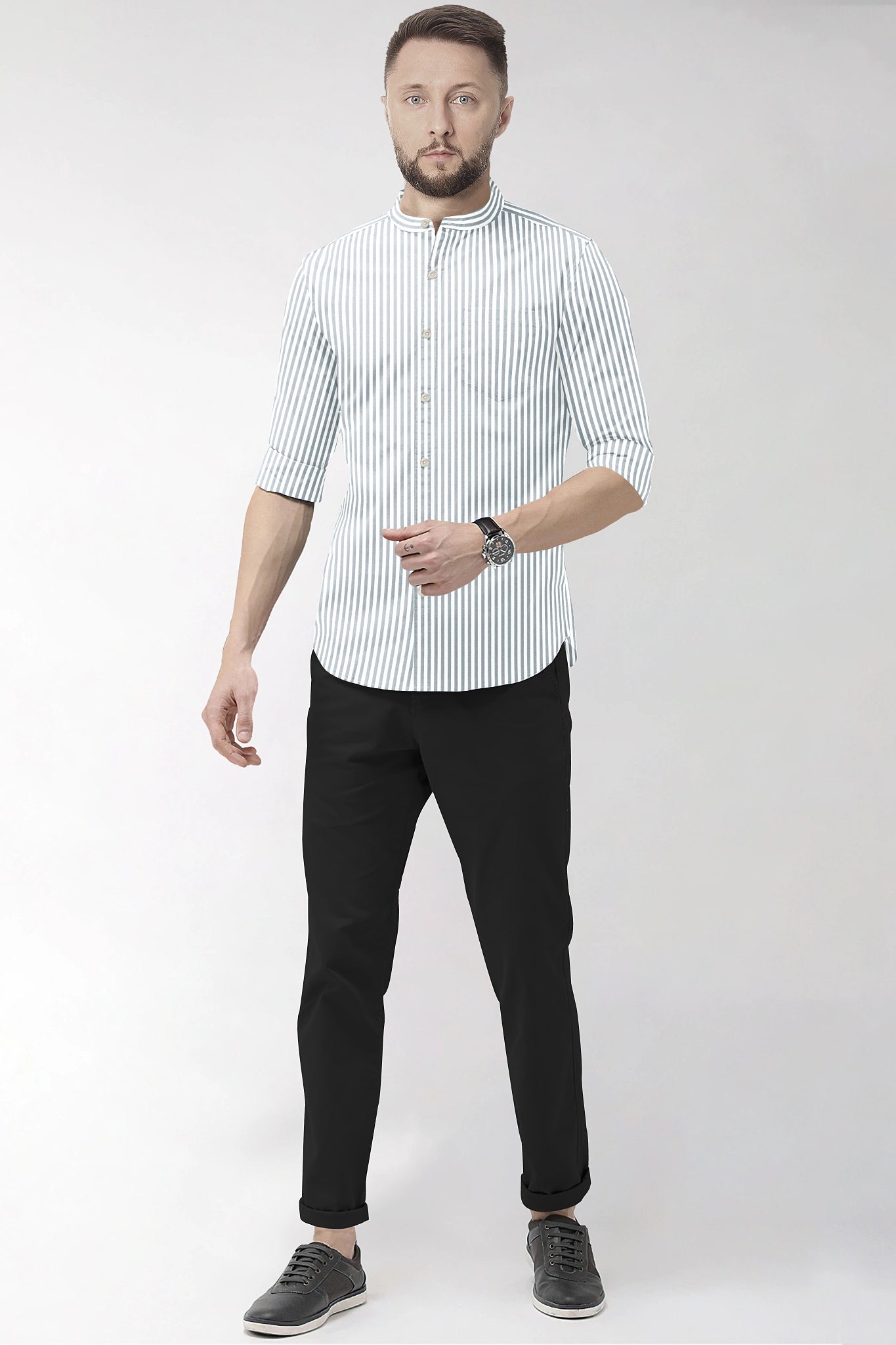 White and Silver Gray Candy Stripes Mandarin Collar Cotton Shirt