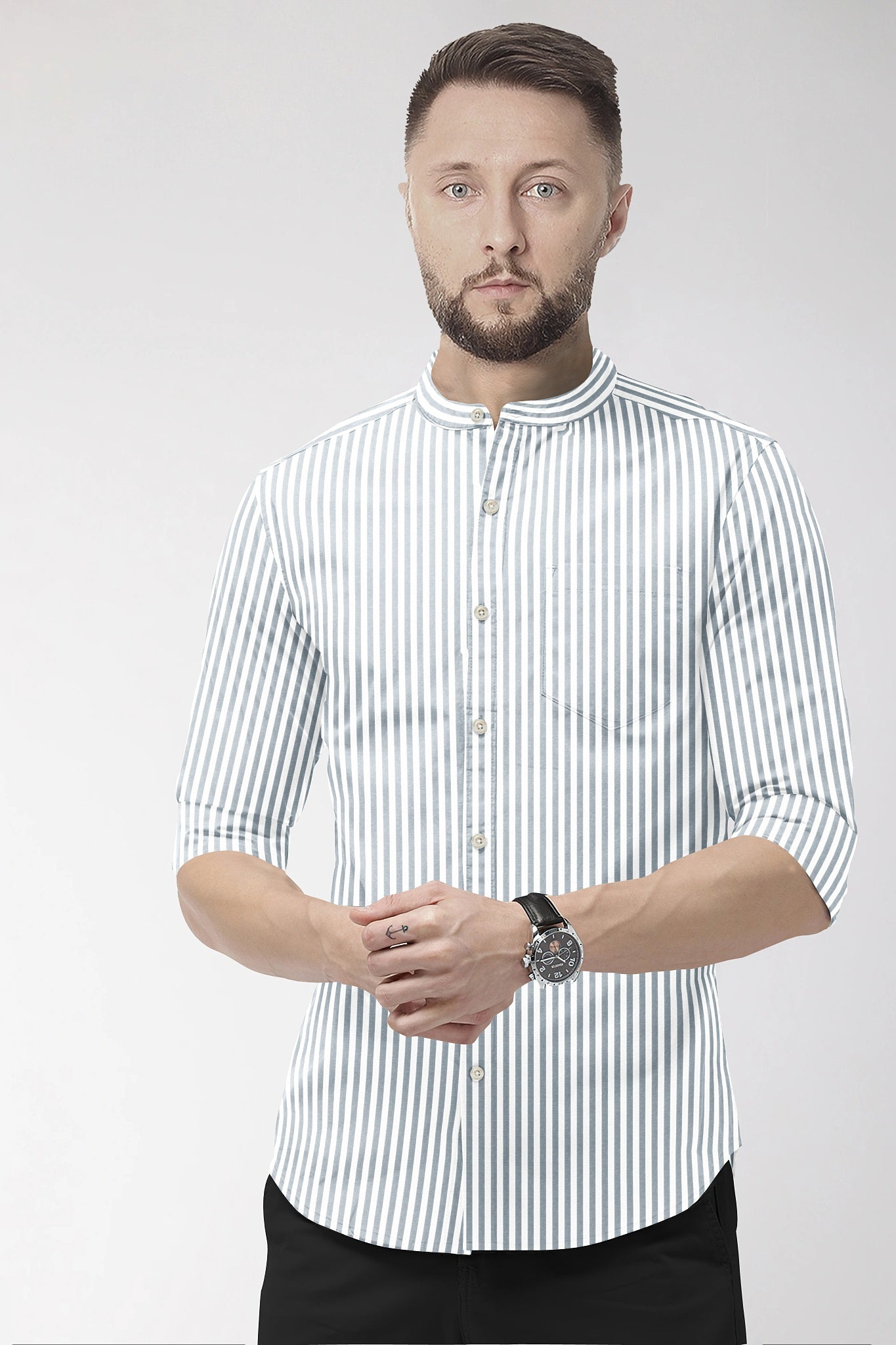 White and Silver Gray Candy Stripes Mandarin Collar Cotton Shirt