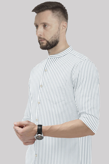 White and Silver Gray Candy Stripes Mandarin Collar Cotton Shirt