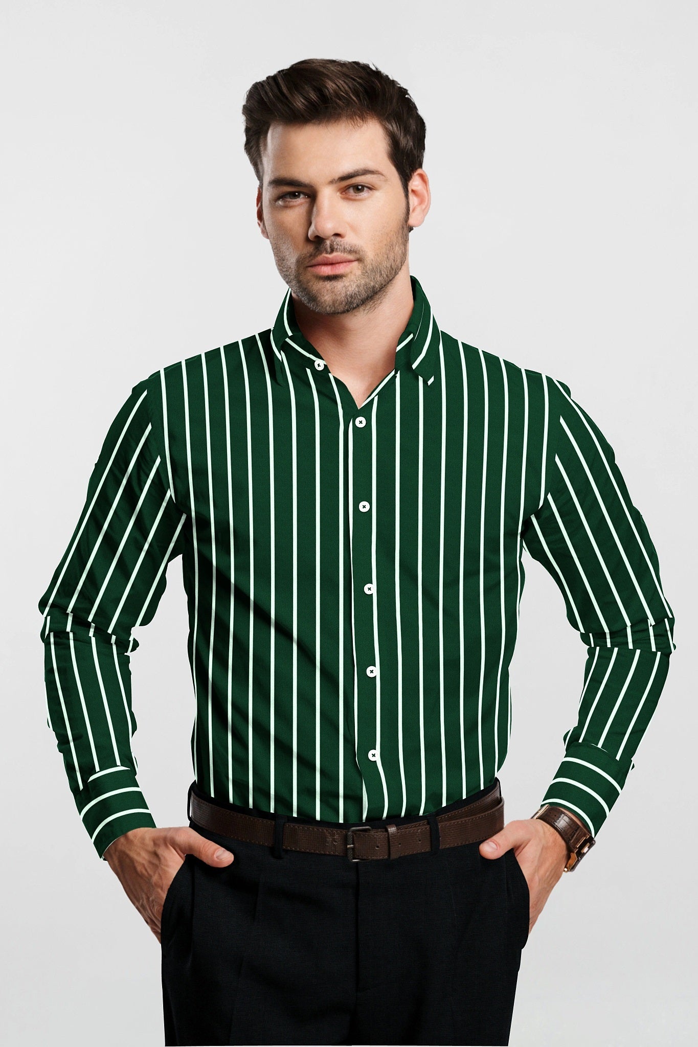 Foliage Green and White Stripes Chalk Cotton Shirt