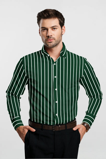Foliage Green and White Stripes Chalk Cotton Shirt