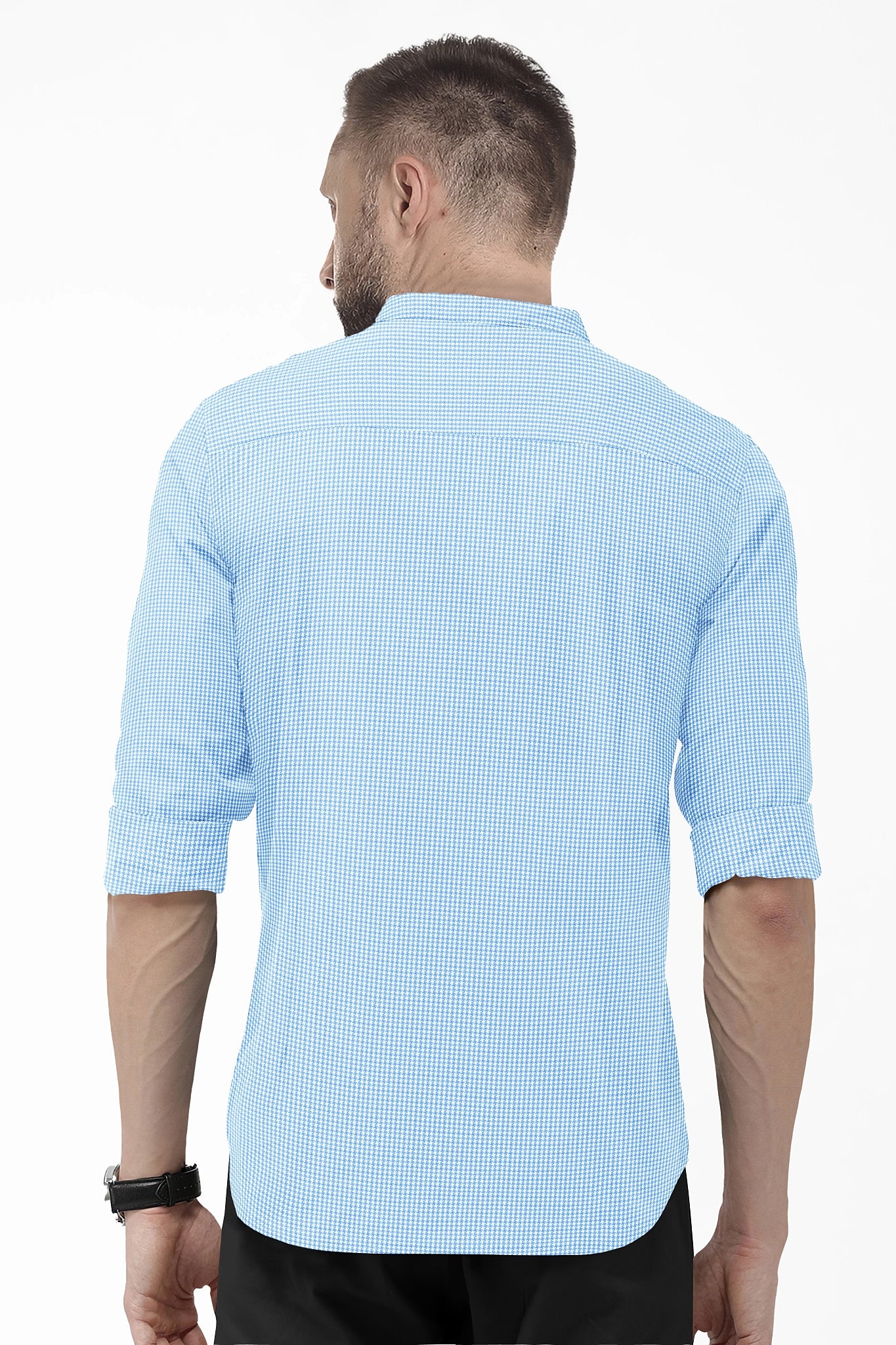 Carolina Blue and Ninja Shuriken Printed Mandarin Collar Cotton Shirt