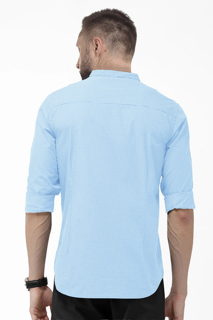 Carolina Blue and Ninja Shuriken Printed Mandarin Collar Cotton Shirt