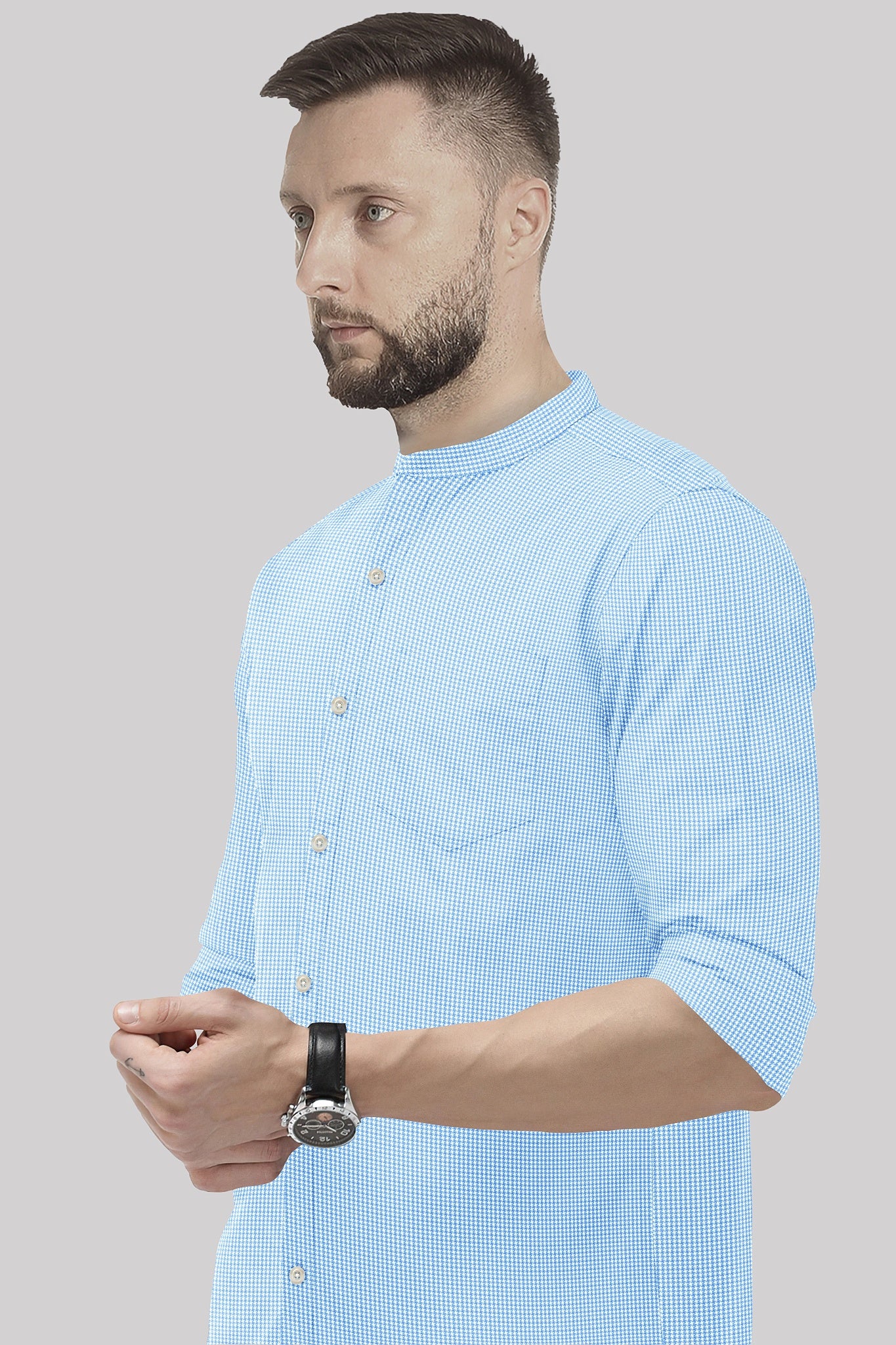 Carolina Blue and Ninja Shuriken Printed Mandarin Collar Cotton Shirt