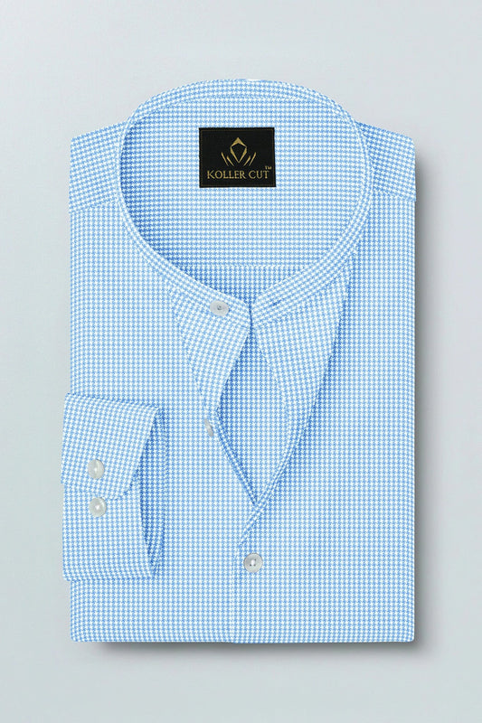 Carolina Blue and Ninja Shuriken Printed Mandarin Collar Cotton Shirt
