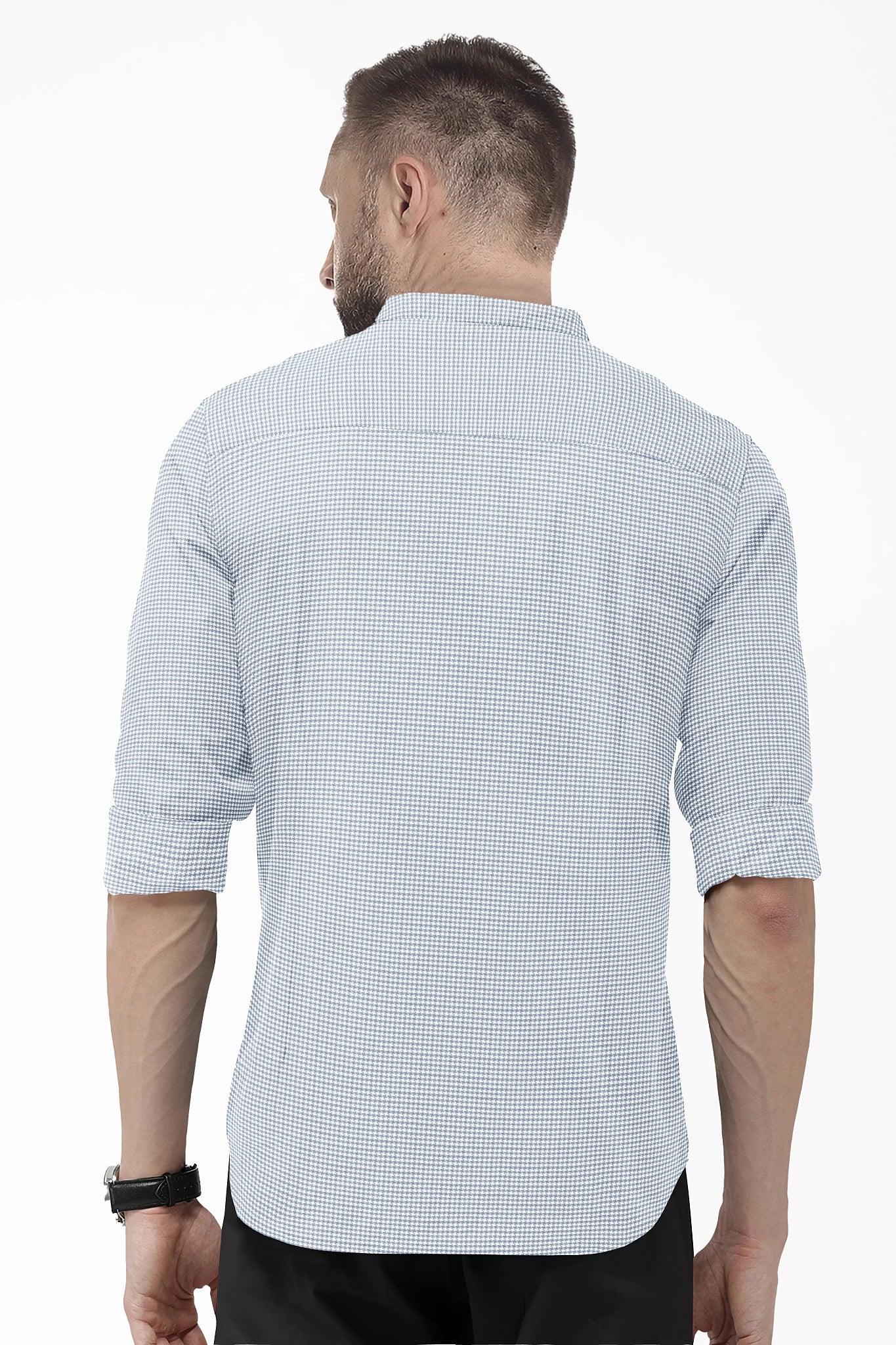 Glacier Gray and White Ninja Shuriken Printed Mandarin Collar Cotton Shirt