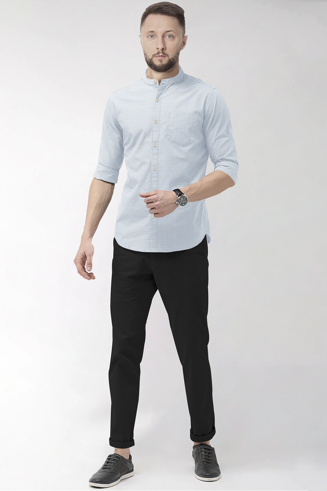 Glacier Gray and White Ninja Shuriken Printed Mandarin Collar Cotton Shirt