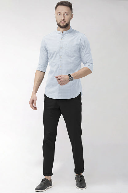 Glacier Gray and White Ninja Shuriken Printed Mandarin Collar Cotton Shirt