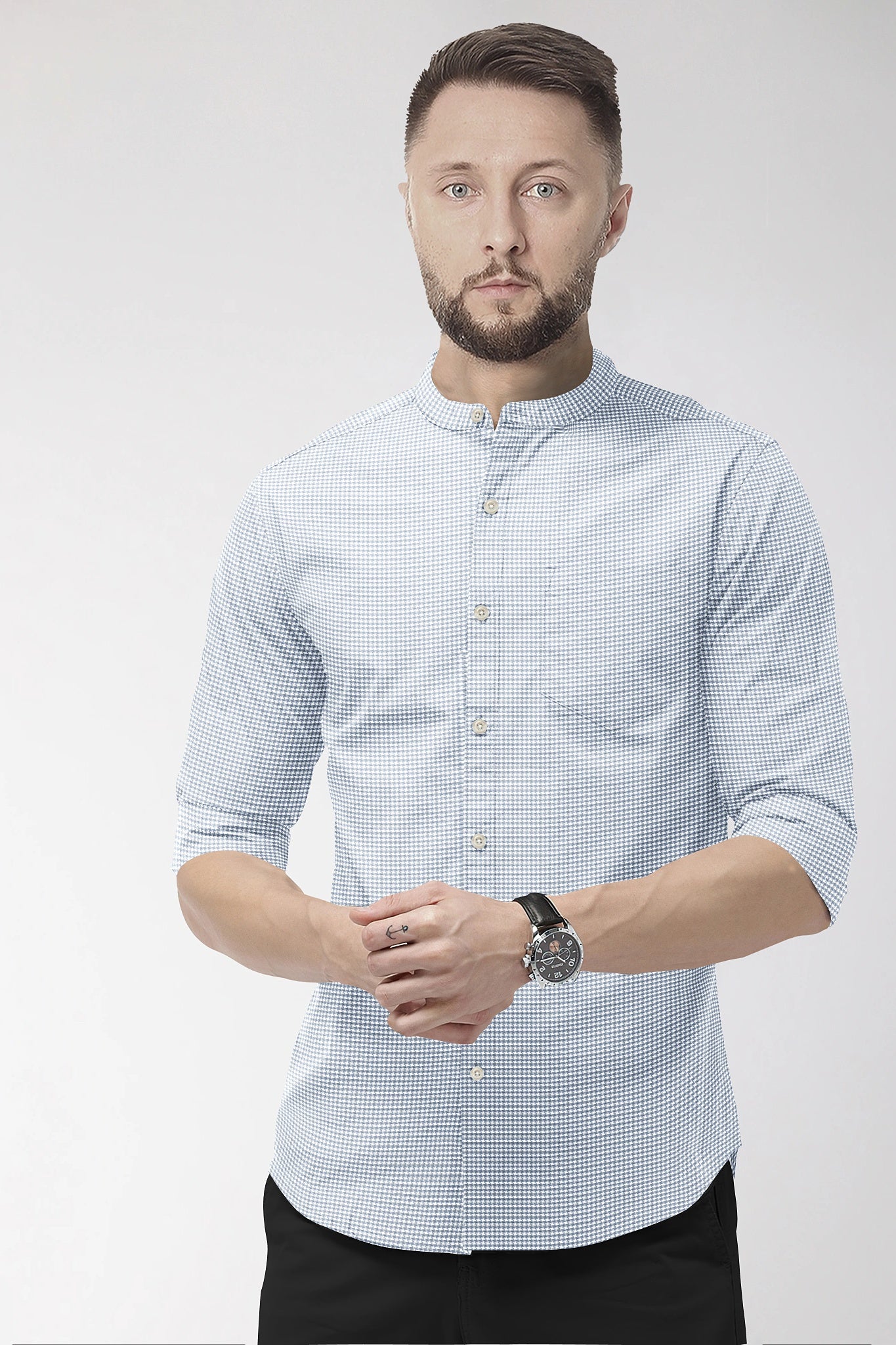 Glacier Gray and White Ninja Shuriken Printed Mandarin Collar Cotton Shirt