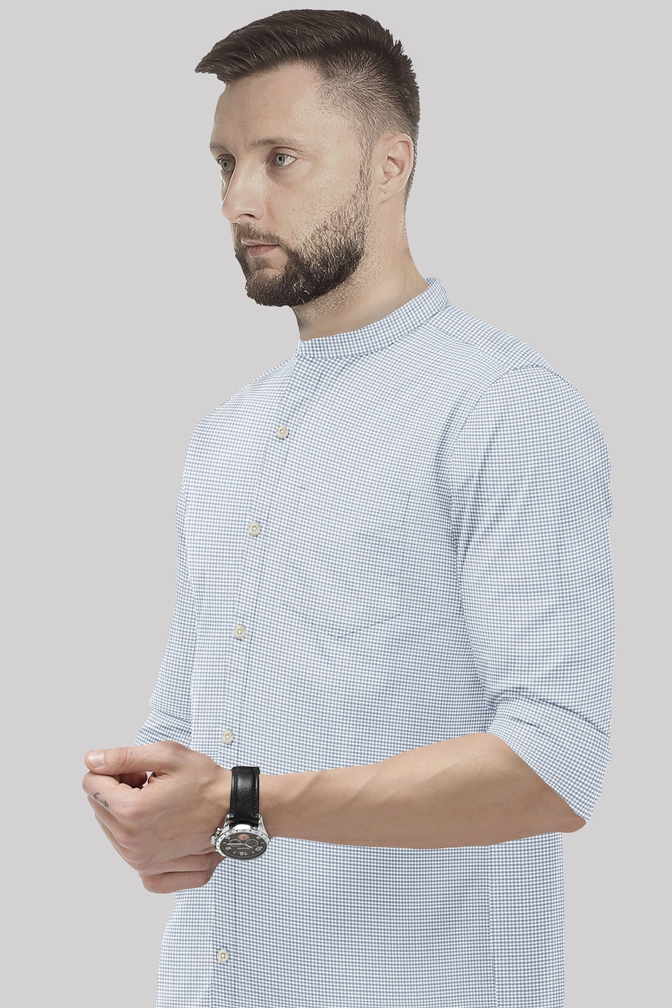 Glacier Gray and White Ninja Shuriken Printed Mandarin Collar Cotton Shirt