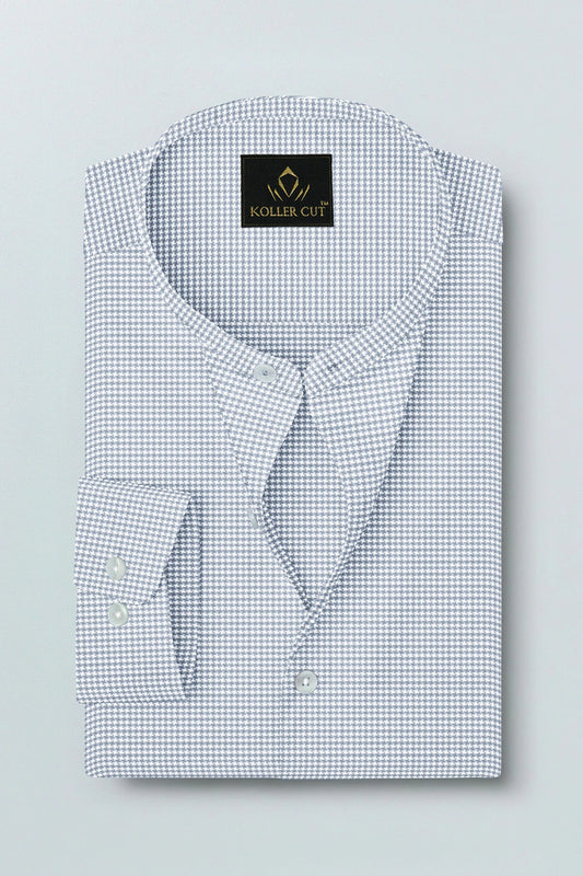 Glacier Gray and White Ninja Shuriken Printed Mandarin Collar Cotton Shirt