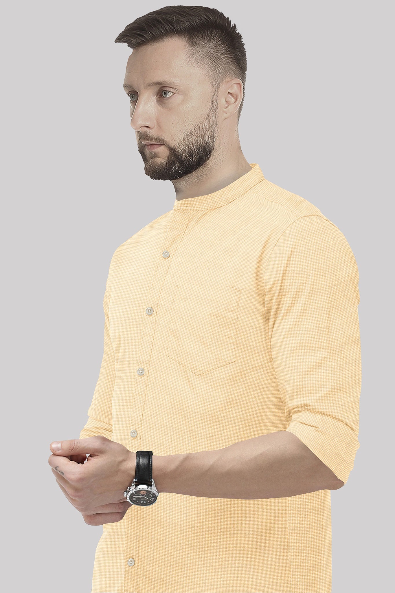 Lemonade and White Ninja Shuriken Printed Mandarin Collar Cotton Shirt