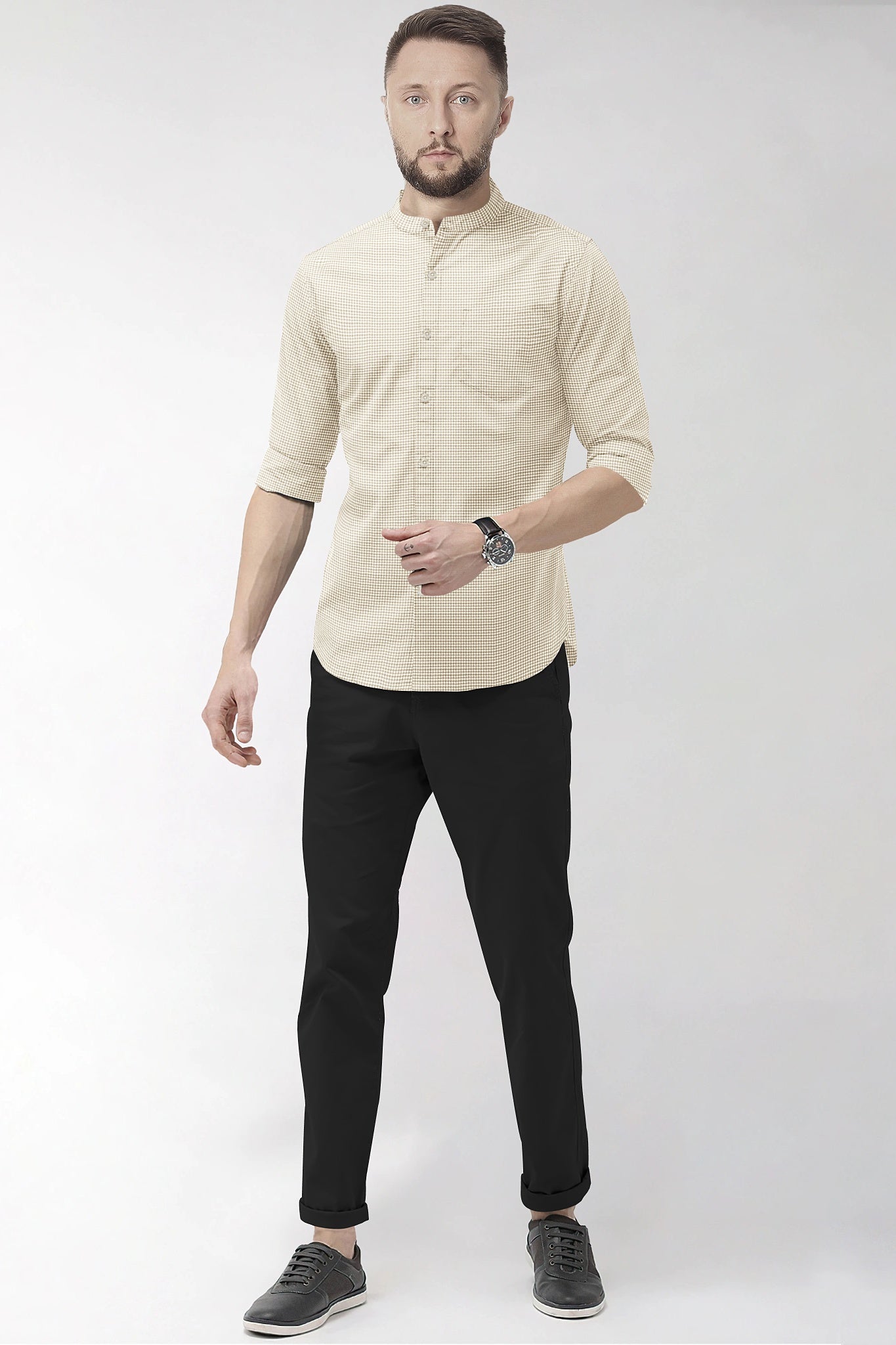 Frappe Brown and White Ninja Shuriken Printed Mandarin Collar Cotton Shirt
