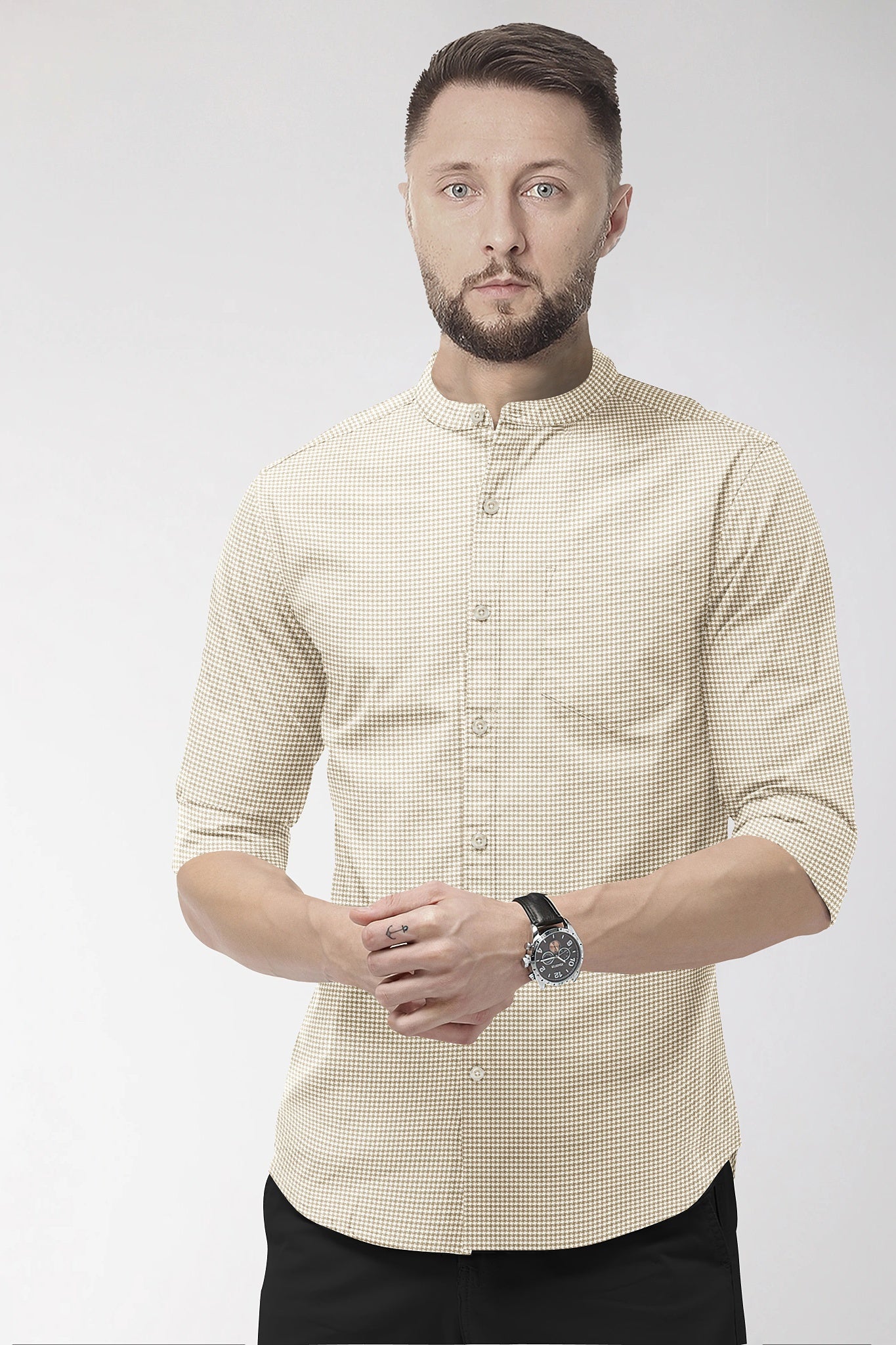 Frappe Brown and White Ninja Shuriken Printed Mandarin Collar Cotton Shirt