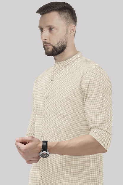 Frappe Brown and White Ninja Shuriken Printed Mandarin Collar Cotton Shirt