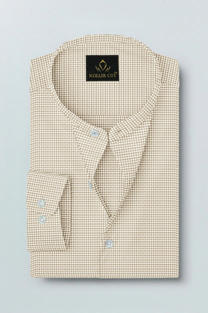 Frappe Brown and White Ninja Shuriken Printed Mandarin Collar Cotton Shirt