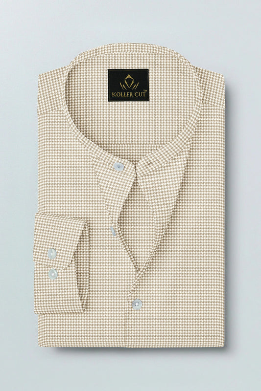 Frappe Brown and White Ninja Shuriken Printed Mandarin Collar Cotton Shirt
