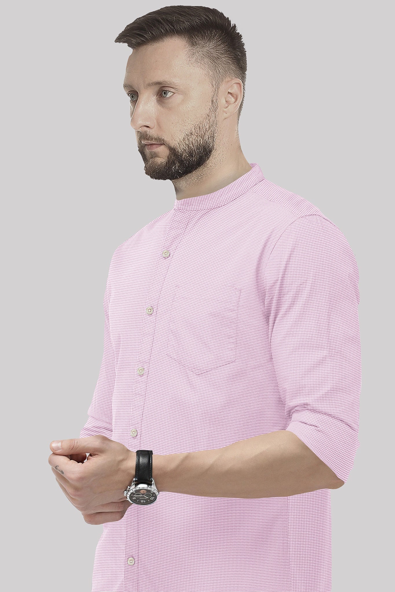 Lavender Pink and White Ninja Shuriken Mandarin Collar Printed Cotton Shirt