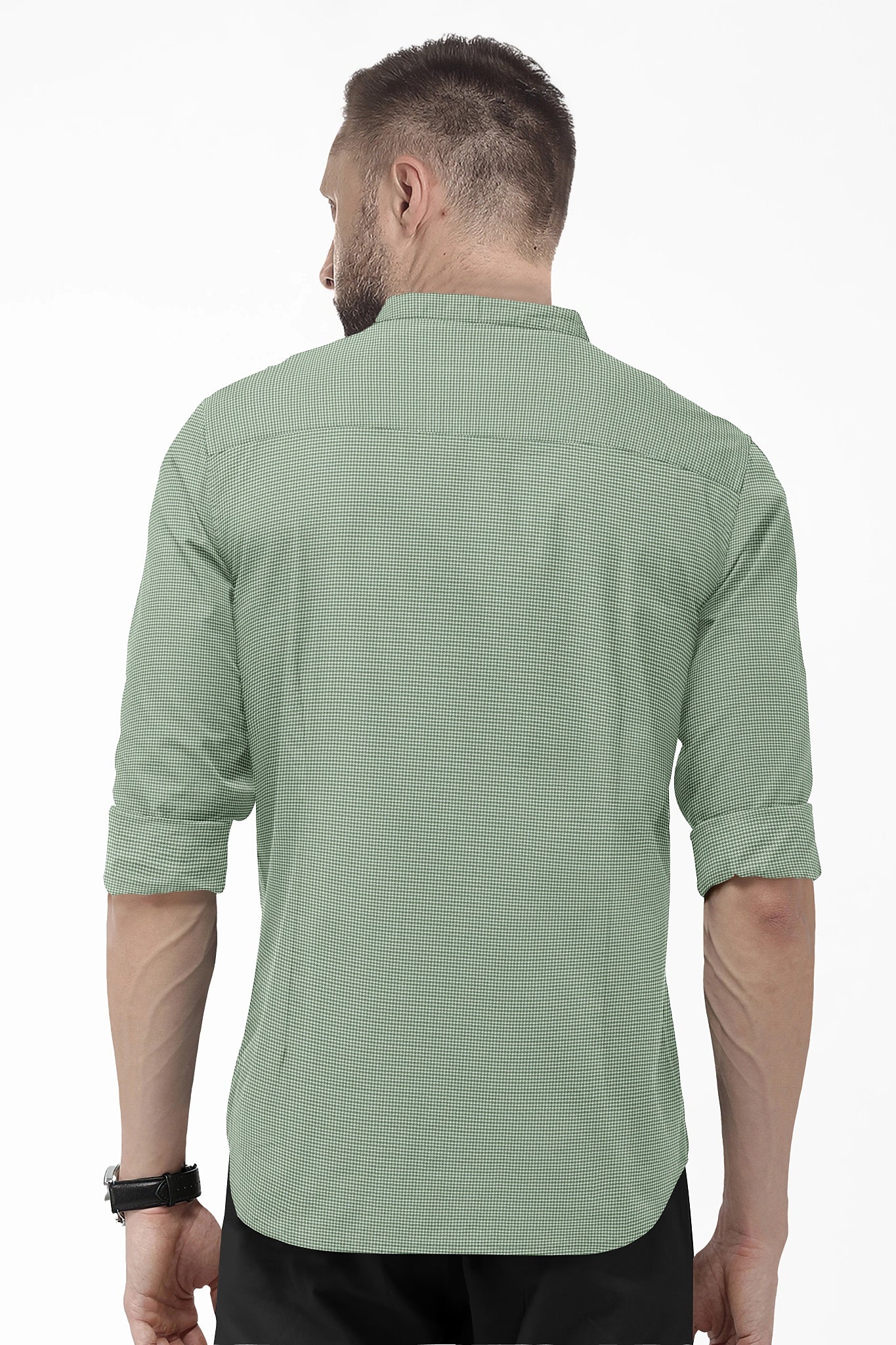 Fluorite Green and White Ninja Shuriken Printed Mandarin Collar Cotton Shirt