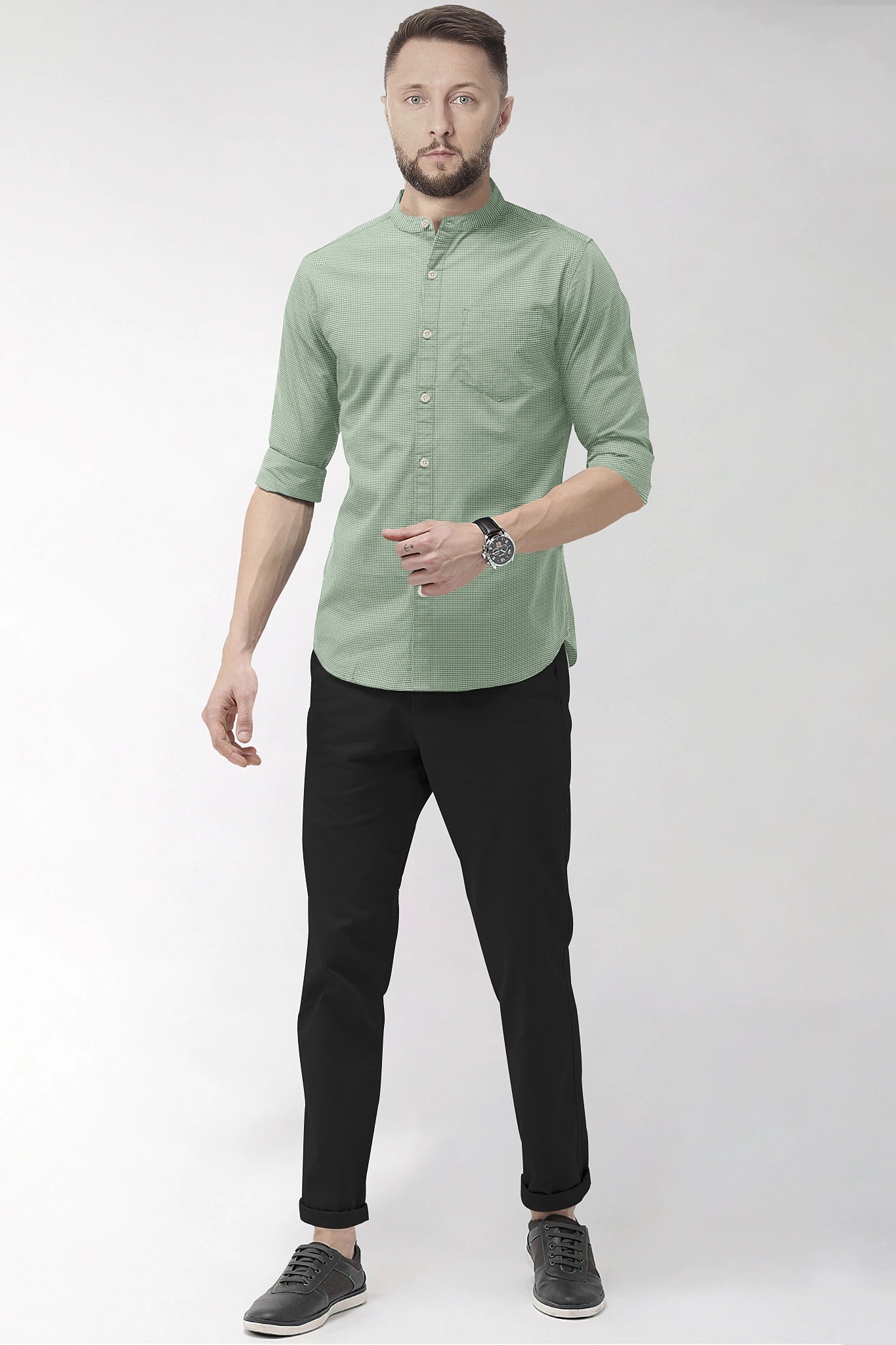 Fluorite Green and White Ninja Shuriken Printed Mandarin Collar Cotton Shirt