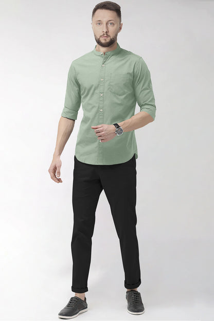 Fluorite Green and White Ninja Shuriken Printed Mandarin Collar Cotton Shirt