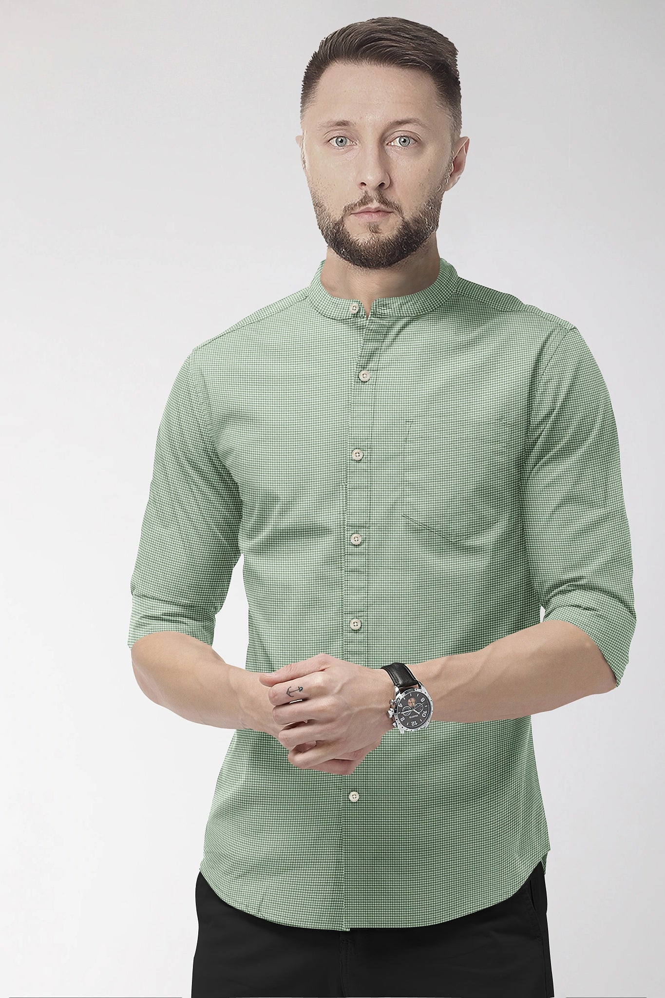 Fluorite Green and White Ninja Shuriken Printed Mandarin Collar Cotton Shirt