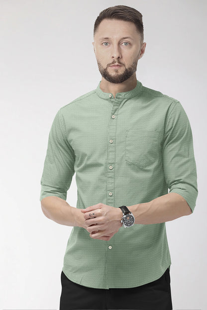 Fluorite Green and White Ninja Shuriken Printed Mandarin Collar Cotton Shirt