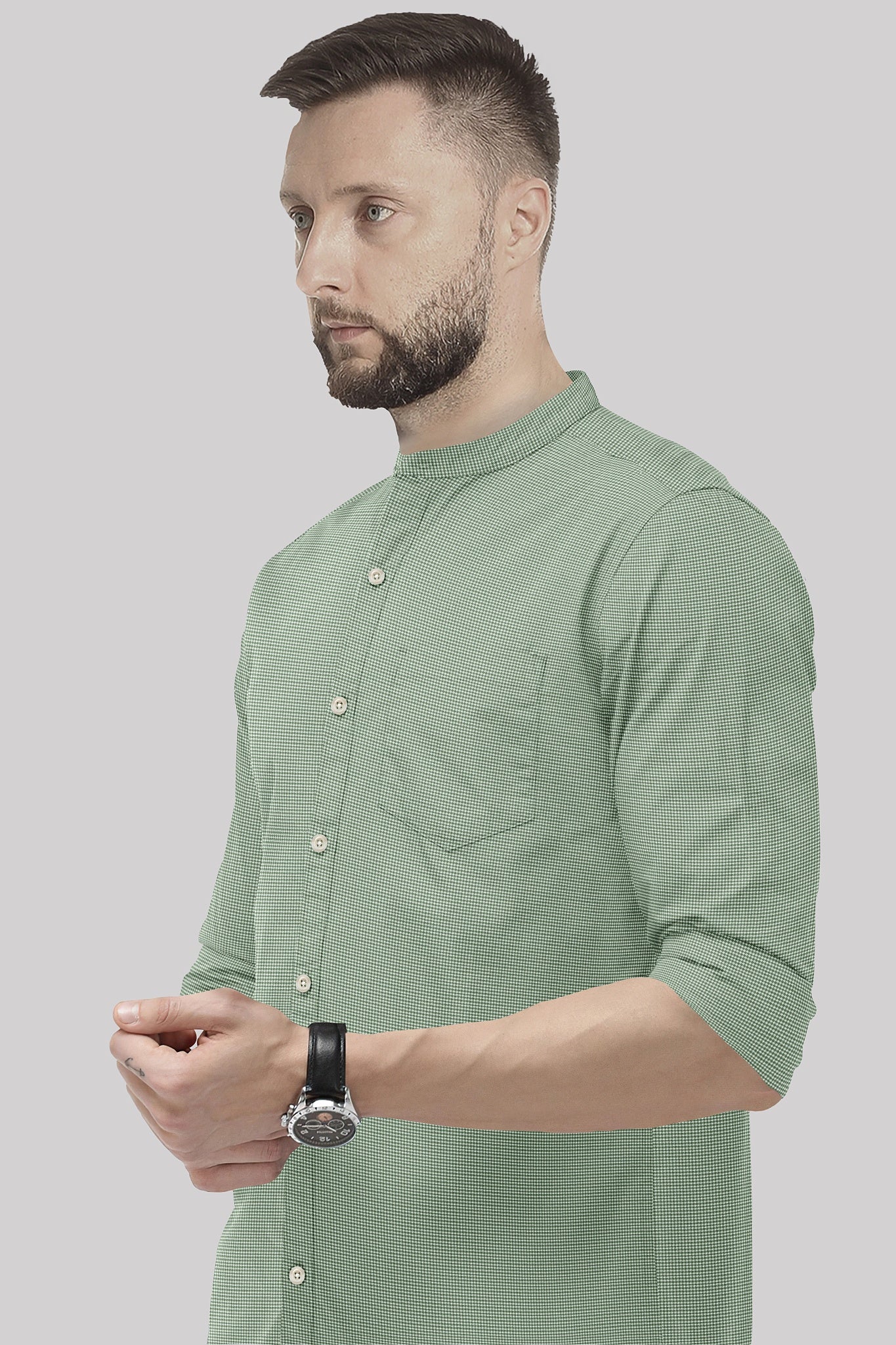 Fluorite Green and White Ninja Shuriken Printed Mandarin Collar Cotton Shirt