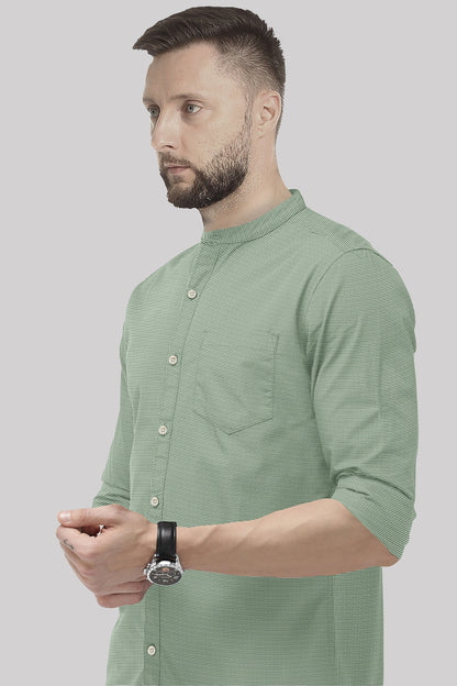 Fluorite Green and White Ninja Shuriken Printed Mandarin Collar Cotton Shirt