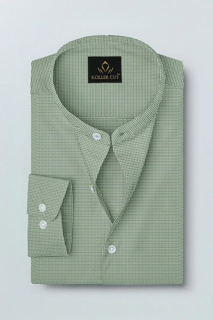 Fluorite Green and White Ninja Shuriken Printed Mandarin Collar Cotton Shirt