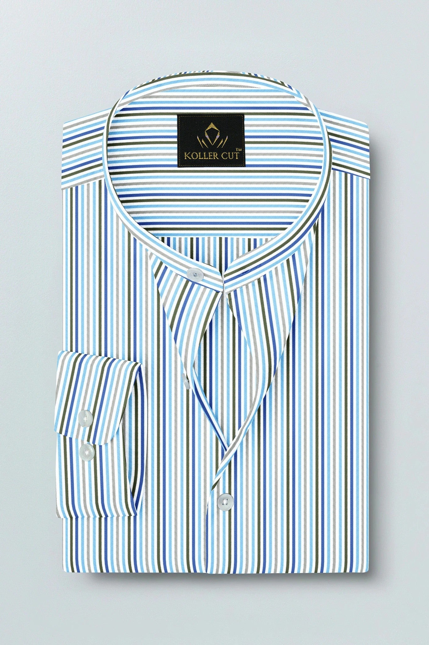 White with Cloisonne Blue and Basil Green Multicolored Multitrack Stripes Mandarin Collar Cotton Shirt