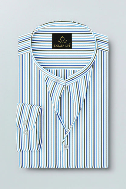 White with Cloisonne Blue and Basil Green Multicolored Multitrack Stripes Mandarin Collar Cotton Shirt